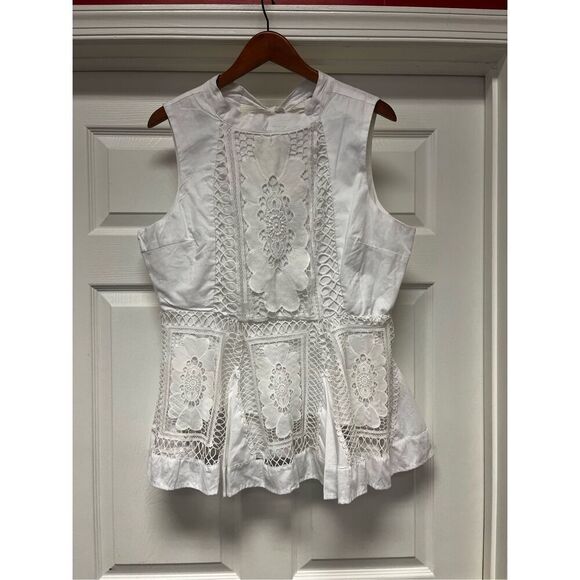 Nicole Miller New York White Heavy Lace Sleeveless Tie Back Peplum Blouse sz XL - Picture 1 of 8
